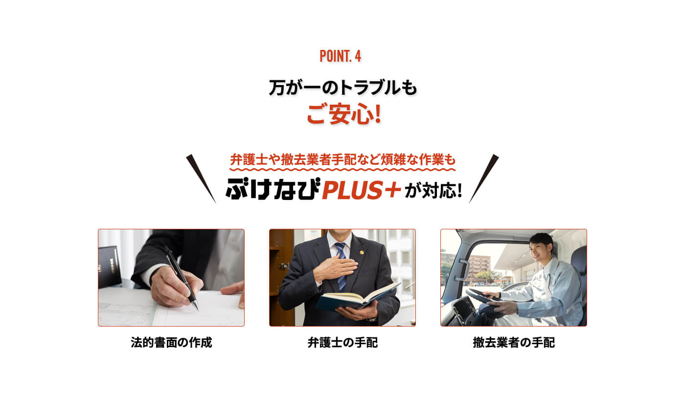 POINT.4 万が一のトラブルもご安心!弁護士や撤去業者手配など煩雑な作業もぶけなびPLUS+が対応!法的書面の作成 弁護士の手配 撤去業者の手配