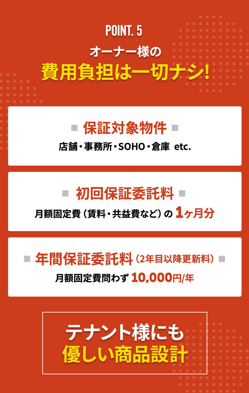 POINT.5 オーナー様の費用負担は一切ナシ! 保証対象物件：店舗・事務所・SOHO・倉庫  etc. 初回保証委託料：月額固定費（賃料・共益費など）の 1ヶ月分 年間保証委託料（2年目以降更新料）：月額固定費問わず 10,000円/年 テナント様にも優しい商品設計